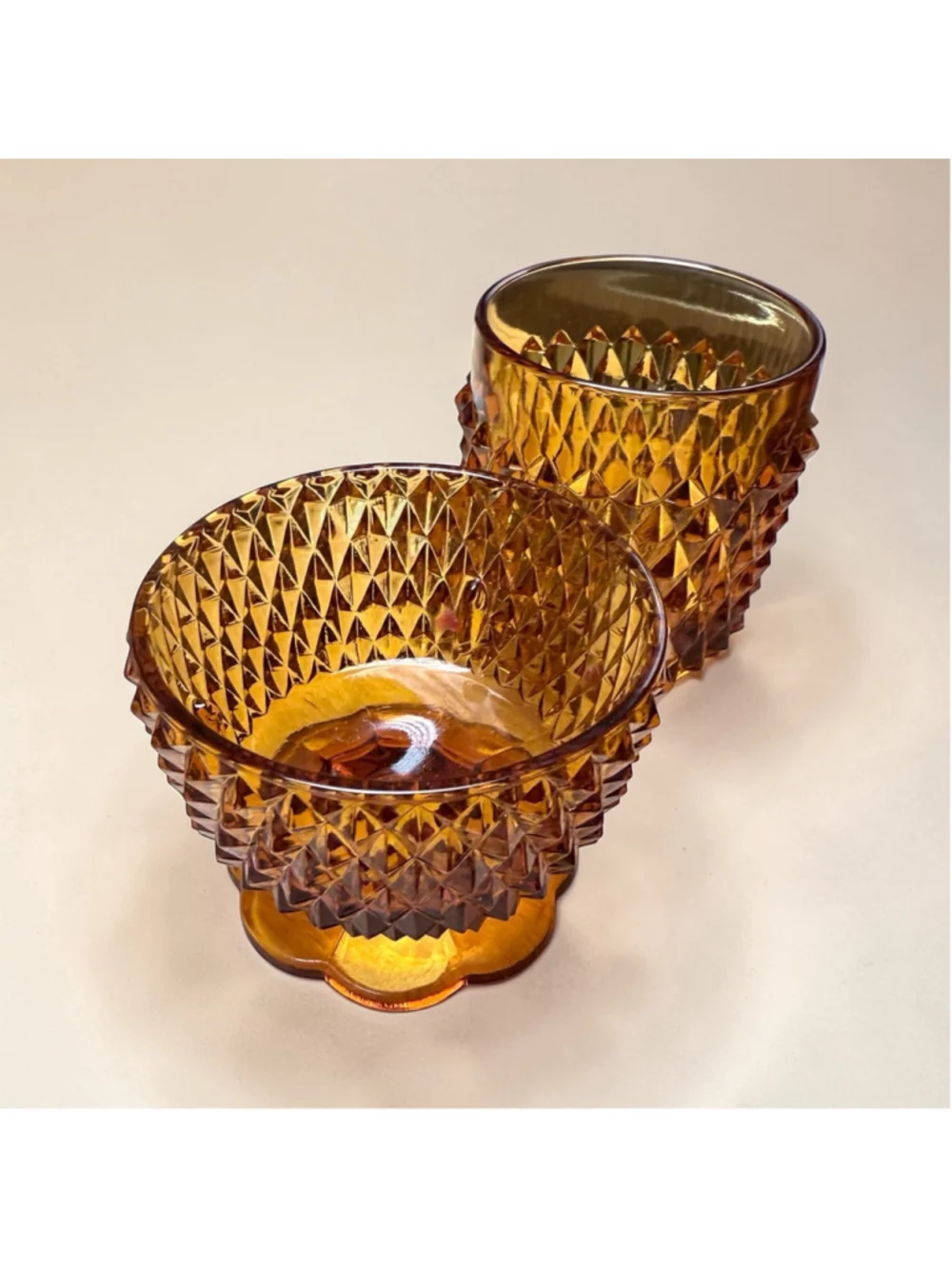 Amber Diamond Point Fairy Lamp Indiana Glass Style Vintage Candle Holder Glow